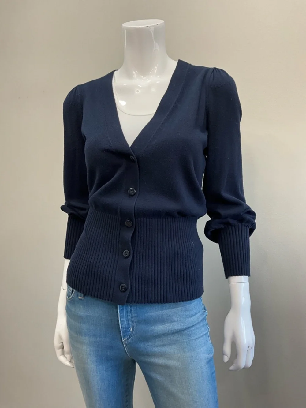 TRINA TURK Navy V-Neck Button Front Cardigan Ribbed Waist Puff Sleeve XS - Picture 3 of 10